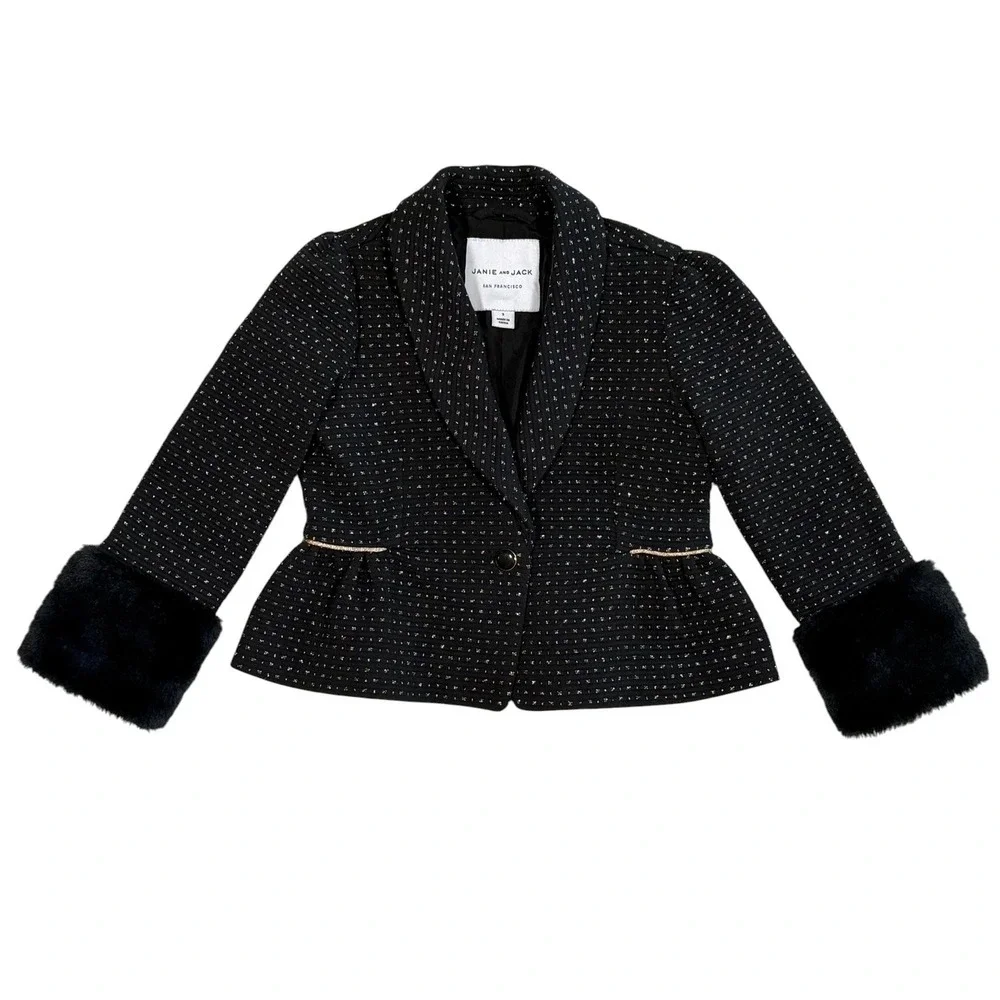 Janie and Jack Girls Black Gold Metallic Dot Peplum Blazer Faux Fur Cuffs Size 3